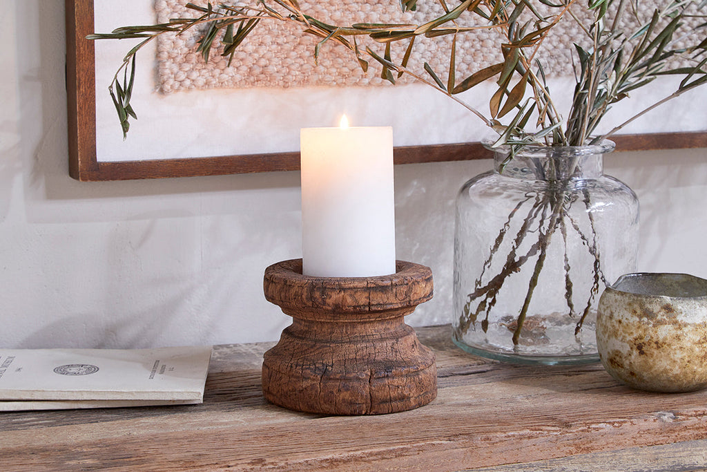 Bougeoir rond Thoko en bois recyclé - Teinte foncée