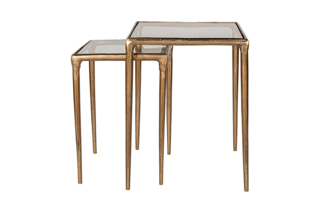 Tables d'appoint gigognes Gilasi en métal coulé et verre - Laiton antique (lot de 2)