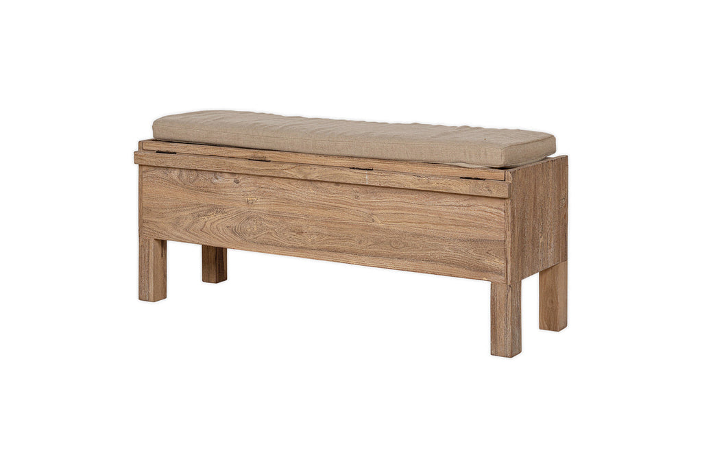 Banc de rangement Teni en bois recyclé avec coussin en lin rembourré - Naturel