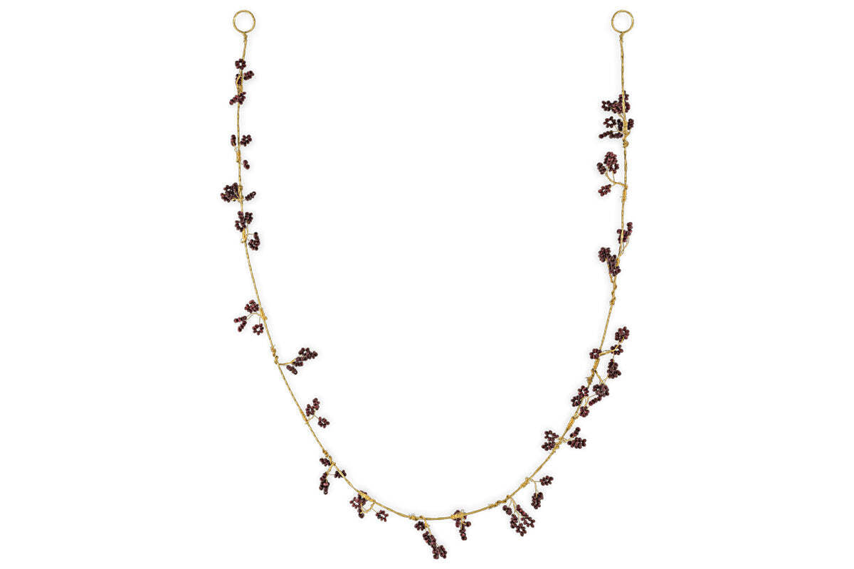 Guirlande de perles en bois de manguier Tanu - Laiton et rubis