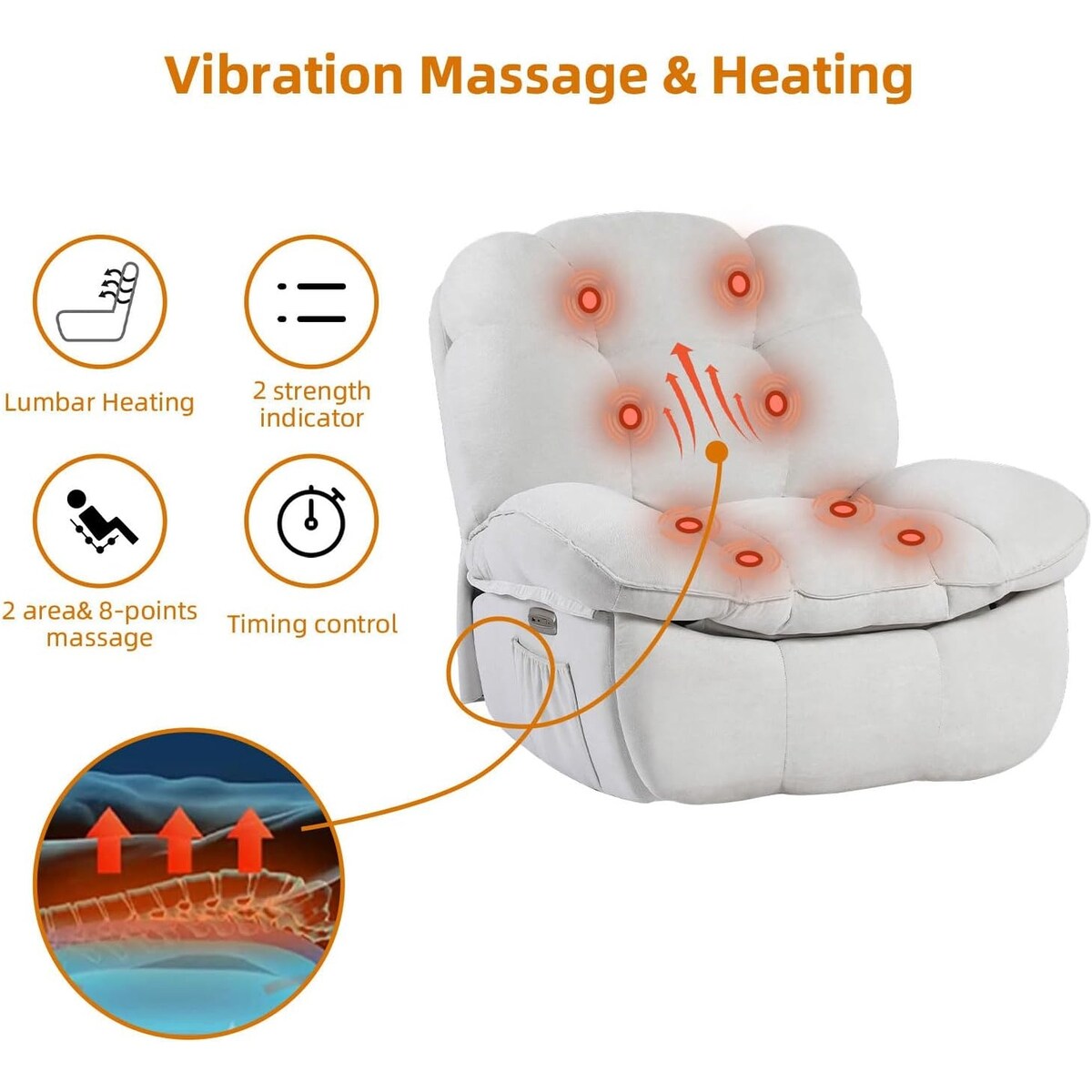 Fauteuil inclinable pivotant électrique XINMICS, fauteuil massant à bascule avec fonction chauffante, ports USB et USB-C et poche latérale